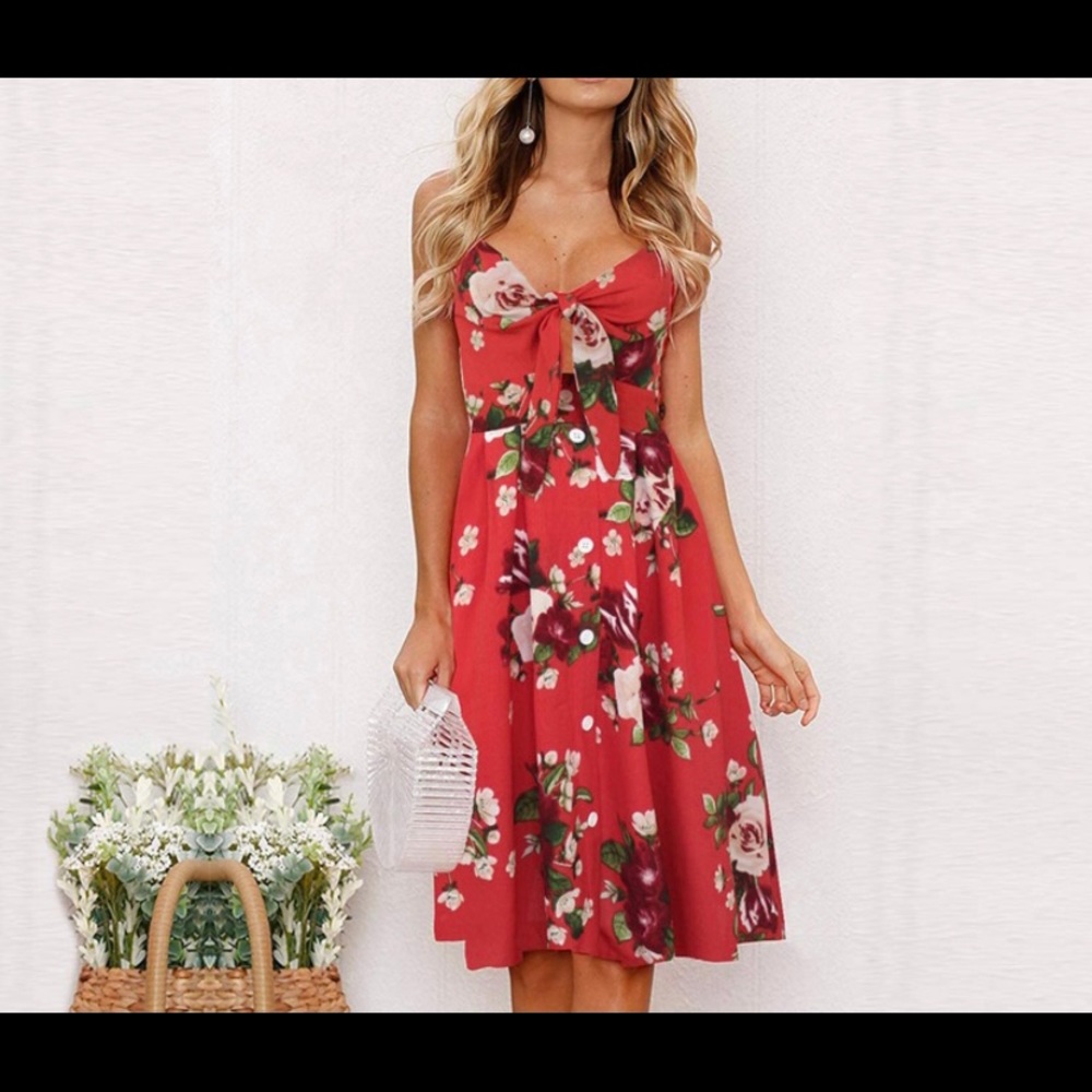 Women’s midi red floral summer dress